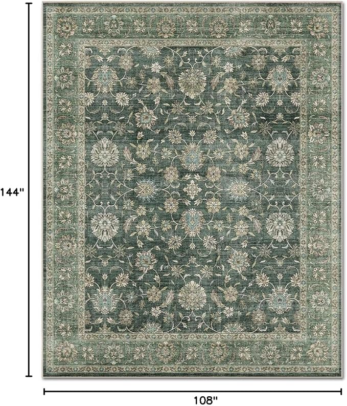 Boho Washable 9x12 Area Rugs for Living Room, Cushioned, Sage Green | Vintage Non-slip Neutral Oriental Rugs for Bedroom Dining Room Nursery Office High Traffic Area