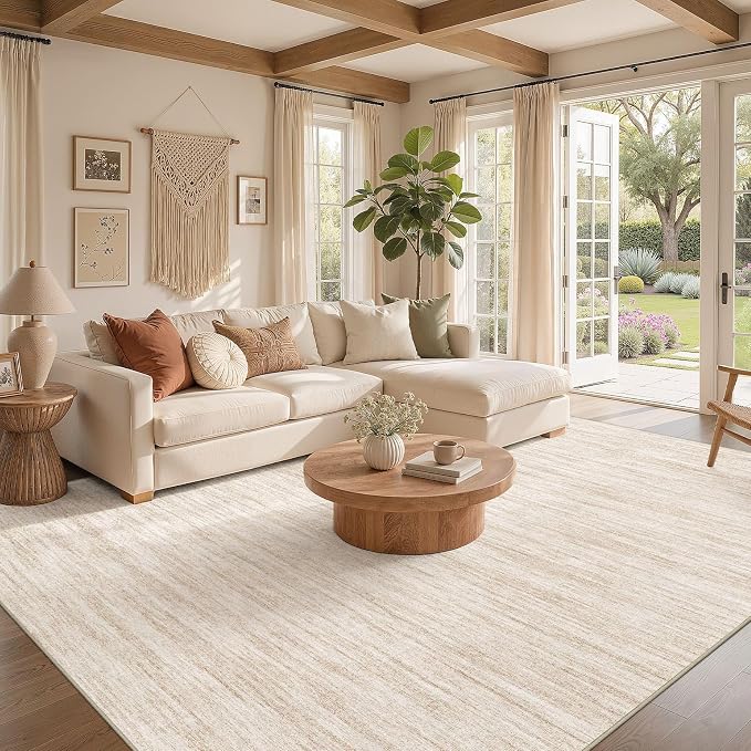 Nakagishi 6X8 Area Rugs Living Room: Washable Large Vintage Rug Neutral Non-Slip Soft Stain Resistant Indoor Carpet for Bedroom Nursery Dining Room Office Playroom - Beige