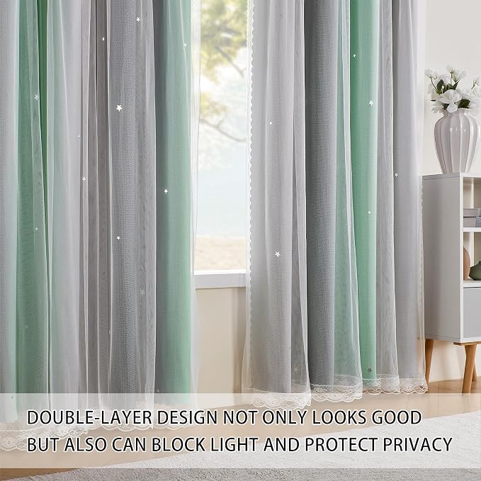 XiDi Green Grey 84 Inches Curtains for Girls Bedroom 2 Panels Set, Blackout Rainbow Curtains for Kids Room Decor, Unicorn Wall Decals Drapes for Little Girl Nursery Room 34 Inches Wide
