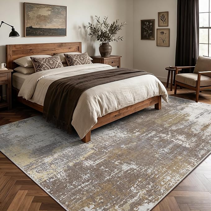 5x7 Rugs for Living Room - Modern Abstract Washable Rug, Ultra Soft Non Slip Low Pile Large Rugs, Floor Carpet for Bedroom Dining Room Office Laundry Nursery Home（Taupe）