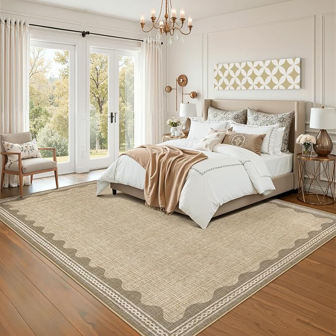 GarveeHome Scalloped Washable Rugs 9x12 Rug for Living Room Non-Slip Solid Tan Jute Digital Printing Modern 9 x 12 Rug Low-Pile Carpet for Bedroom Dining Nursery Mat with Rubber Back