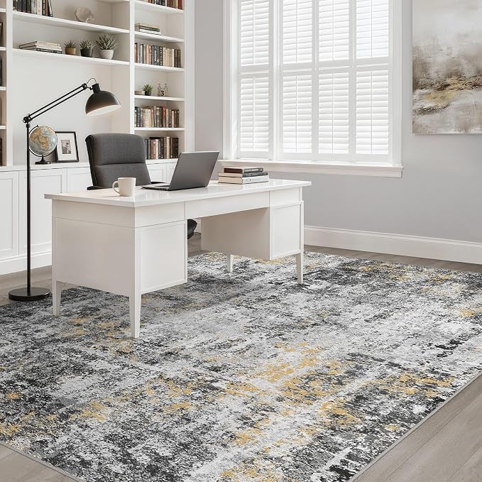 10x14 Area Rugs Living Room: Washable Large Neutral Rug Abstract Soft Modern Stain Resistant Indoor Floor Non-Slip Carpet for Bedroom Nursery Kids Office Playroom Dining Room Under Table- Black Gold