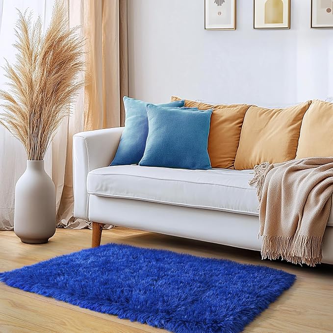 Small Shag Rug for Bedroom, 2x3 Throw Area Rugs for Living Room | Soft and Comfy, Fluffy Bedside Carpet for Nursery and Kids Room Girls Boys Dorm Home Decor Aesthetic, Upgrade Non Slip, Blue