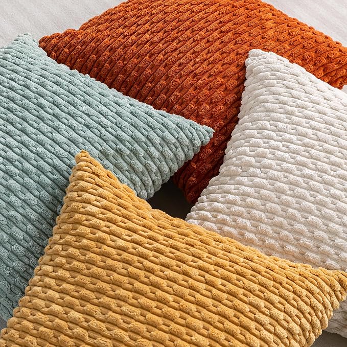 Set of 4 Yellow Rust Aqua Decorative Throw Pillow Covers 22x22 Inch Corduroy Pillow Covers for Bed Couch Sofa Living Room Soft Square Cushion Cases