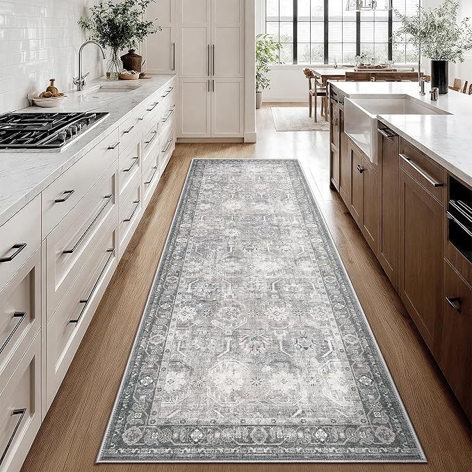 Runner Rug, Washable Non Slip Low Pile Kitchen Runner, Soft Boho Modern Rug for Hallways, Bedroom, 2'6"x 8, Distressed Grey