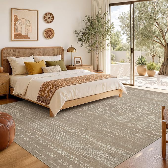 Nakagishi Area Rug Living Room Rugs: 6x9 Large Soft Machine Washable Boho Moroccan FarmNeutral Stain Resistant Indoor Floor Carpet for Bedroom Under Dining Table Home Office Decor-Dark Brown