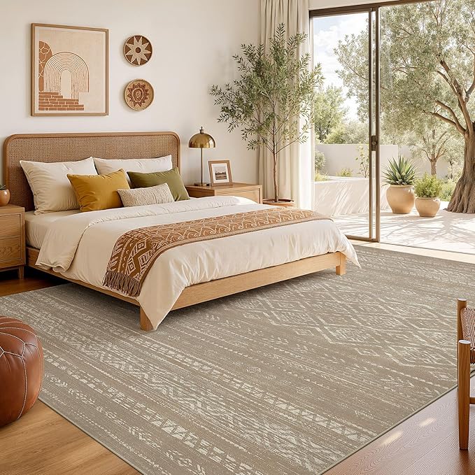 Nakagishi Area Rug Living Room Rugs: 8x10 Large Soft Machine Washable Boho Moroccan FarmNeutral Stain Resistant Indoor Floor Carpet for Bedroom Under Dining Table Home Office Decor-Dark Brown