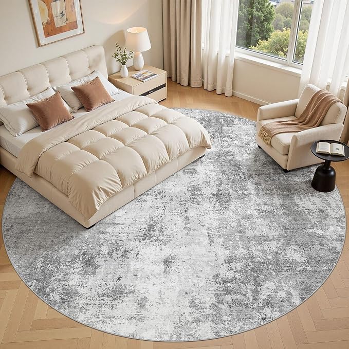10ft Round Area Rugs for Living Room, 10x10 Washable Non Slip Soft Large Rugs for Bedroom Dining Room, Modern Abstract Low Pile Stain Resistant Carpet for Laundry Office Home Decor - Gray