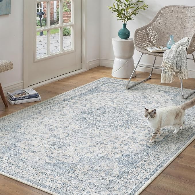PureCozy 3x5 Washable Small Area Rug Neutral Blue Vintage Floral | Non Slip, Soft Low Pile, Indoor Carpet for Entryway, Kitchen, Bathroom, Coastal Decor