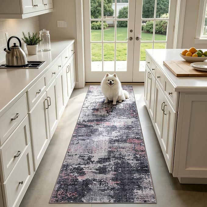 Sasttie 2x10 Soft Runner Rug for Entryway, Modern Abstract Washable Carpet for Hallway, Kitchen and Laundry Room, with Non-Slip Backing, Black and Pink
