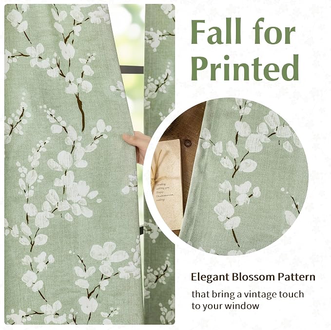 FMFUNCTEX 100% Blackout Green Floral Curtains 72 Inch Grommet 2 Panels | Black Out Drapes, Thermal Insulated Cottage Farmhouse, Blossom Flower Patterned Curtain for Bedroom, Living Room Darkening