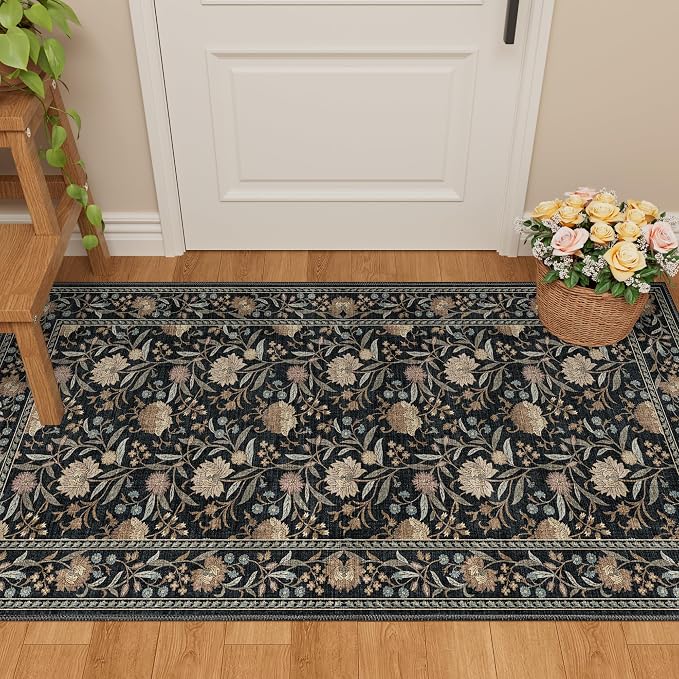 DUKINO 2x4 Rug, Washable Vintage Floral Entryway Rug Non Slip, Black | Low Pile, Non-Shedding, Stain Resistant Boho Lightweight Soft Indoor Carpet for Kitchen Bathroom Hallway Laundry Farmhouse