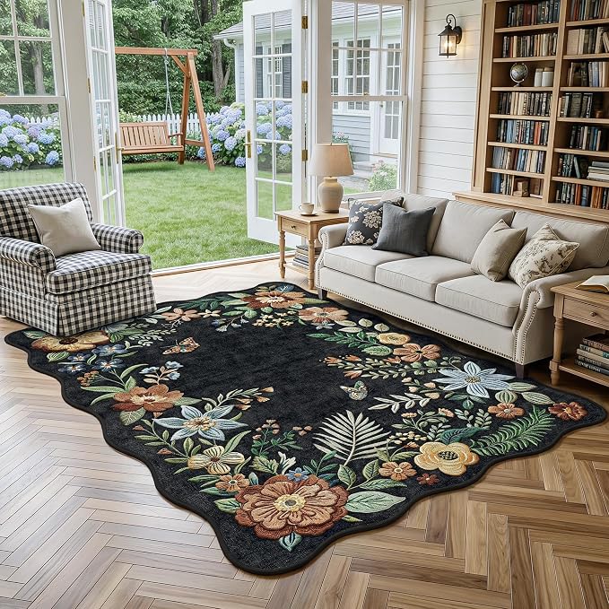 FMFUNCTEX 5x7 Washable Black Floral Vintage Flower Area Rug for Living Room | Colorful Traditional Boho Distressed Soft Non Slip Low Pile Large Indoor Thin Carpet Bedroom Dining Room Nursery, Black/Grey