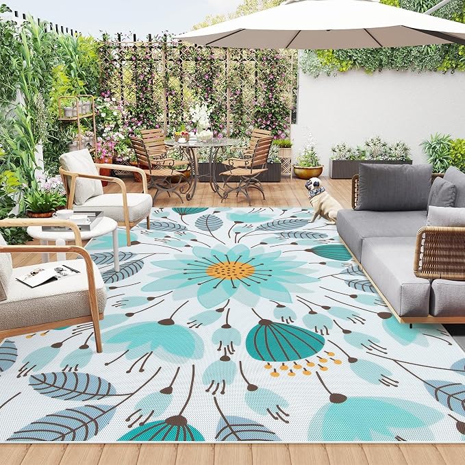 Lahome Floral Indoor Outdoor Rug 8x10, Non Slip Outdoor Patio Rug for Balcony Deck, Portable Large Outdoor Rugs for Camping Picnic Backyard, RV Mat Outdoor Carpet for Living Room Bedroom,Blue