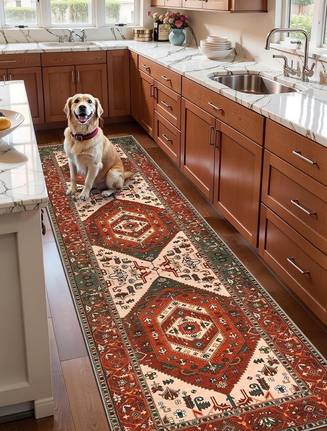 SERISSA Runner Rug for Hallways, 2'6"x10' Washable Non Slip Kitchen Runner Rug, Long Boho Rug Vintage Terracotta Green Hallway Stair Ultra Soft Print Floor Carpet for Bedroom Bathroom Laundry Room