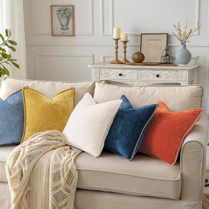 decorUhome Soft Chenille Throw Pillow Covers 12x20 Set of 2 Mineral Yellow | Fall Textured Decorative Throw Pillow Cases Stitched Edge Modern Farmhouse Luxury Boho Velvet for Couch Sofa Bed Home Decor