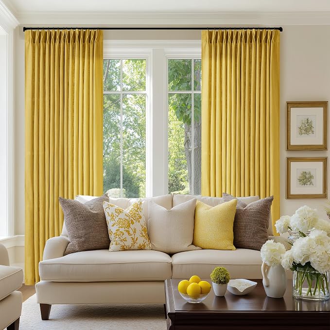 Mustard Yellow Pleated Semi Sheer Linen Curtains 96 Inches Long 2 Panel Set | 400GSM Fabric, Light Filtering, Pinch Pleat with Rings Hooks Drapes, Spring Farmhouse Rustic, for Bedroom Living Room