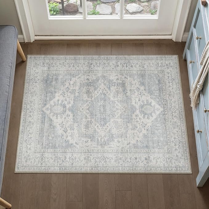 HUGEAR 2x3 Machine Washable Rug Blue Small Entryway Rug Room Decor Vintage Distressed Area Rugs Indoor Door Mat Low Pile Non Slip Carpet for Kitchen Living Bedroom Soft Lightweight