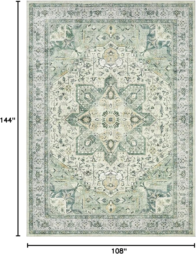 Tortania Area Rug Living Room Rugs - 9x12 Washable Boho Rug Vintage Oriental Distressed Farmhouse Large Thin Indoor Carpet for Living Room Bedroom Under Dining Table Home Office - Green