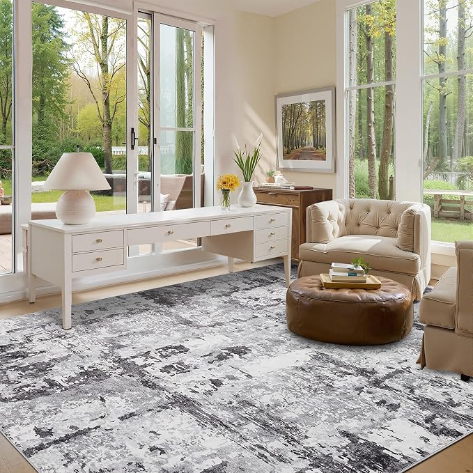 GarveeHome 9x12 Abstract Area Rugs Grey Washable Living Room Bedroom Rug | Soft Low Pile Non Slip Accent Rug for Living Room, Dining Room, Modern Neutral Beige Indoor Carpet