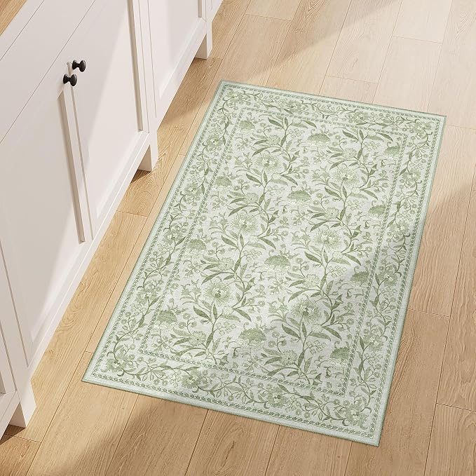 DUKINO 2x3 Rug, Washable Vintage Floral Bathroom Rugs Non Slip, Sage Green | Low Pile, Stain Resistant Boho Soft Indoor Door Mat, Small Front Door Carpet for Entryway Kitchen Laundry Bedroom Farmhouse