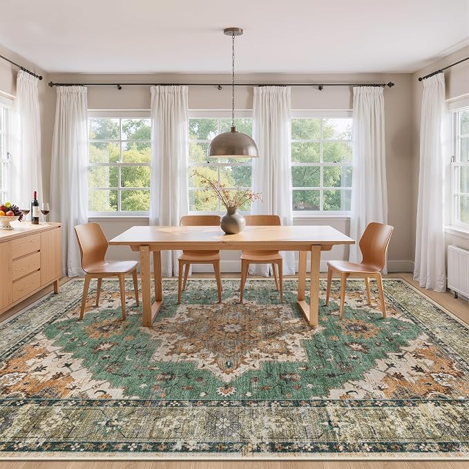 Area Rug 9x12 Vintage Rug: Large Washable Indoor Medallion Rugs Low Pile Distressed Floor Carpet Retro Accent Rug for Living Room Bedroom Kitchen Dining Table Home Office(Brown Green, 9'x12')