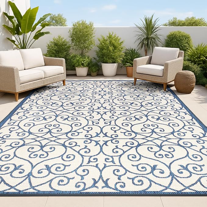 JONATHAN Y Vintage Filigree Indoor Outdoor Area Rug 3X5 Navy/Beige, Madrid Textured Weave for Backyard, Patio, Porch, Easy-Cleaning, High Traffic, Pet-Friendly, Non-Shedding (SMB107G-3)