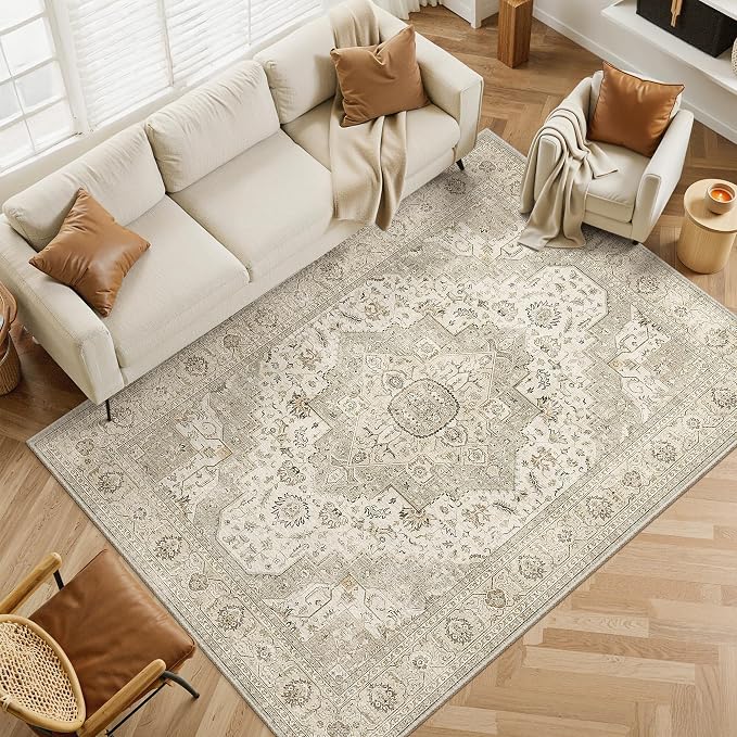 Roxstand 5x7 Washable Area Rugs for Living Room, Ivory/Beige | Non-slip Backing, Low-Pile Carpet, Stain Resistant,Rugs for Living Room,Bedroom, Dining Room, Office