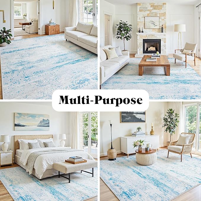 10x14 Area Rugs Washable Rug: Anti-Skid Abstract Modern Living Room Rug Soft Thin Carpets Indoor Floor Non-Shedding Carpet for Bedroom Dining Nursery Home Office (Light Blue/White/Beige,10'x14')