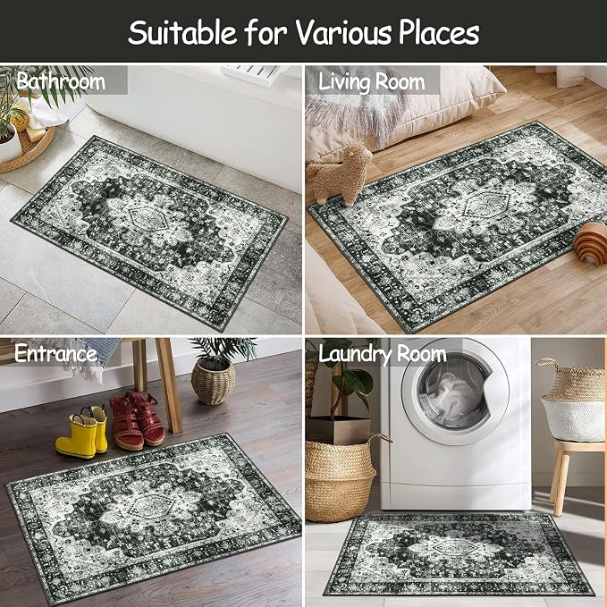 Moynesa Washable 2x3 Entryway Rug Small Front Door Mat, Black and White Kitchen Rugs Non Skid Non-Slip with Rubber Backing, Distressed Low Pile Throw Carpet for Indoor Outside Entrance