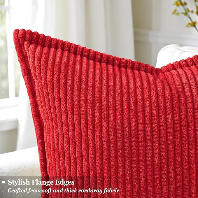 decorUhome Fall Corduroy Red Throw Pillow Covers 12x20 Set of 2 | Lumbar Couch Decorative Soft Modern Boho Farmhouse Pillow Covers Broadside Striped Pillow Cases for Living Room Bed Sofa