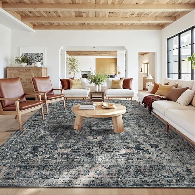 Rugxara Blue 10x14 Area Rugs for Living Room Bedroom Large Washable Rug | Non Slip, Rug for Dining Room Office Farmhouse, Stain Resistant, Soft, Low Pile, Vintage Boho Carpet, Home Decor