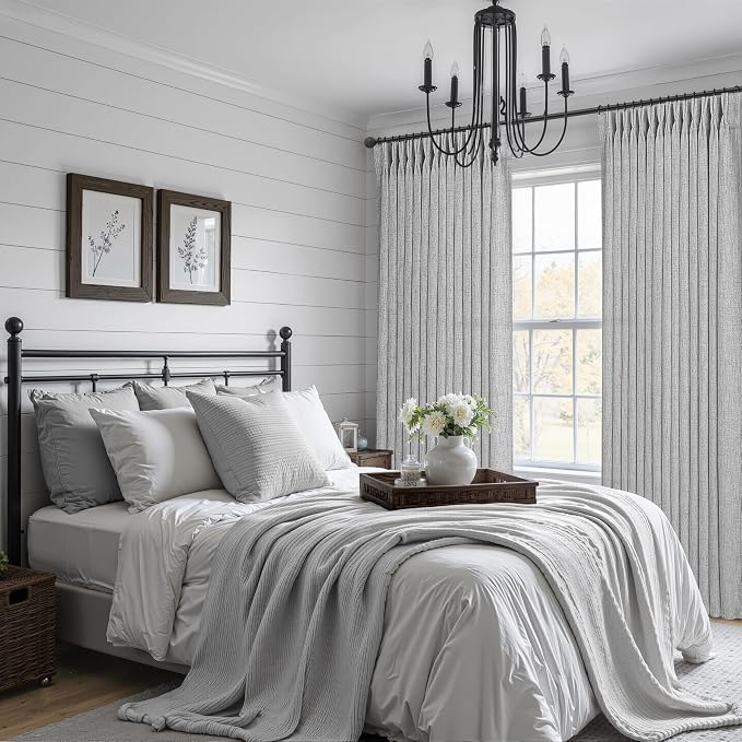 PleatedDrapes Light Grey Pinch Pleat Curtains 105 Inches Extra Long for Room Divider, Memory Shape Semi Sheer Natural Linen Large Drapes Light Filtering Classroom Aesthetic Window Curtain 2 Panels Set
