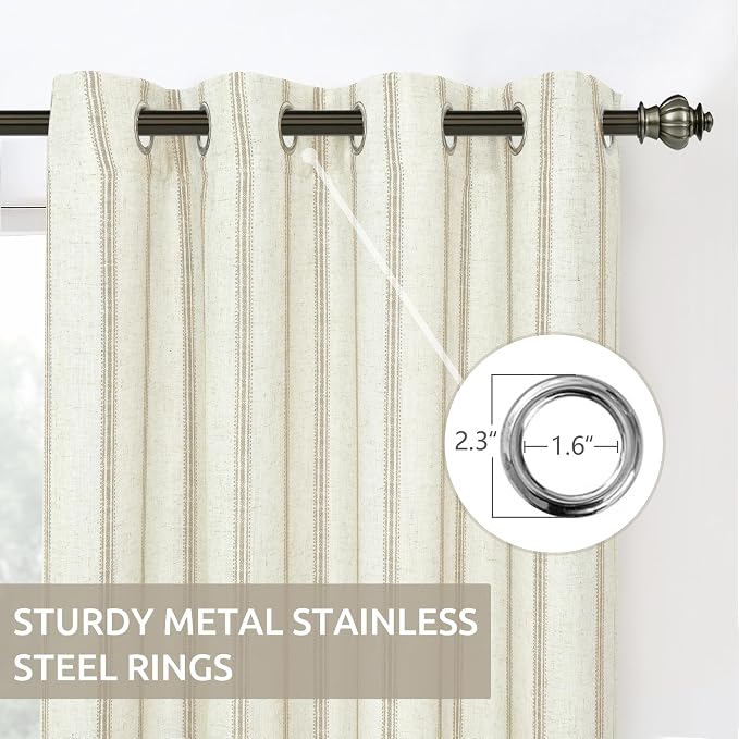 DriftAway Farmhouse Linen Stripe Blackout Curtains, Grommet, W52xL96, Beige | Blackout, Linen Texture, Stripe Pattern, Rod Pocket & Back Tab, Two Layers, Bedroom Living Room Use, Sound Reducing Design