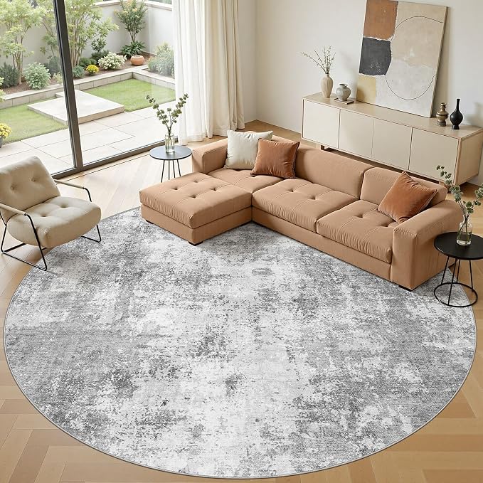 10ft Round Area Rugs for Living Room, 10x10 Washable Non Slip Soft Large Rugs for Bedroom Dining Room, Modern Abstract Low Pile Stain Resistant Carpet for Laundry Office Home Decor - Gray