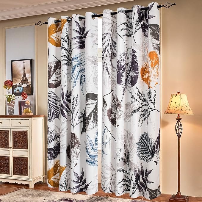 SUBRTEX Light Flitering Curtains 52Wx84L, Room Darkening Vibrant Floral Drapes, 50% Blackout, Semi Sheer Boho Farmhouse Curtains for Living Room, Gray