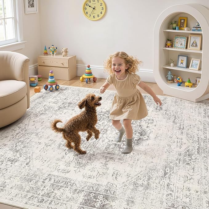 UERMEI 5x7 Area Rug Living Room Rugs - Washable Vintage Soft Large Rug Indoor Floor No Slip Rug Carpet for Bedroom Farmhouse Under Dining Table Home Office Decor - Beige/Camel