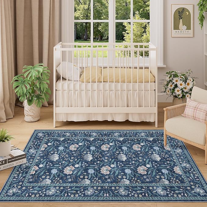 DUKINO 3x5 Rug, Washable Vintage Floral Bedroom Area Rug Non Slip Dark Blue | Low Pile, Non-Shedding, Stain Resistant Boho Lightweight Soft Indoor Carpet for Bathroom Office Dining Living Room Farmhouse