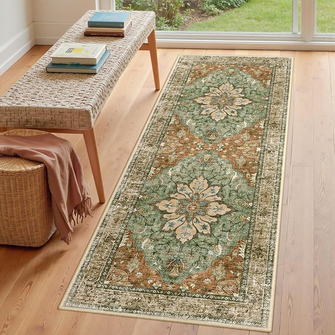 RELEANY Area Rugs Runner 3'x6' Washable Non-Slip, Floral Vintage Distress Medallion Carpet for Kitchen Hallway Bedroom Beside Laundry Room Bathroom, Terracotta Burnt Orange Green