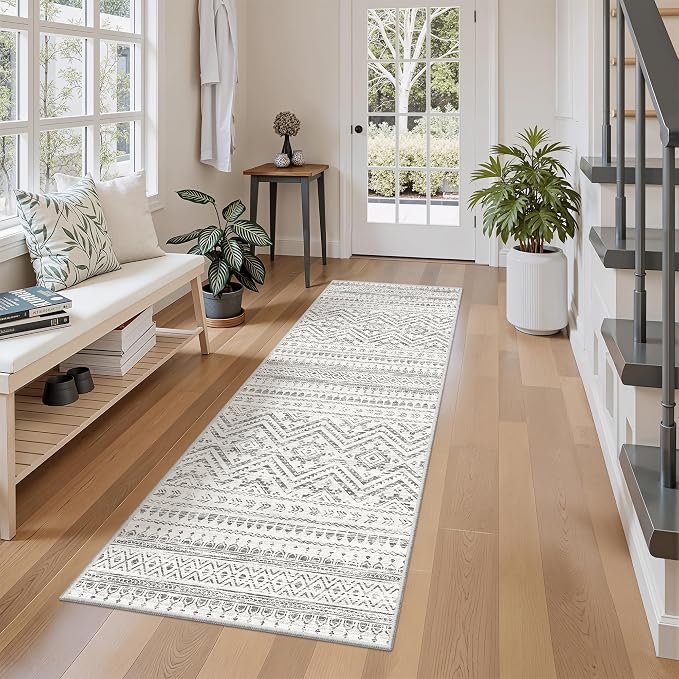 Miukiki 2x5 Hallway Runner Rug Moroccan Washable Kitchen Rug Non Slip Indoor Floor Kitchen Runner Rug Foldable Carpet for Bathroom Laundry Room with Low Pile(Grey,2'x5')