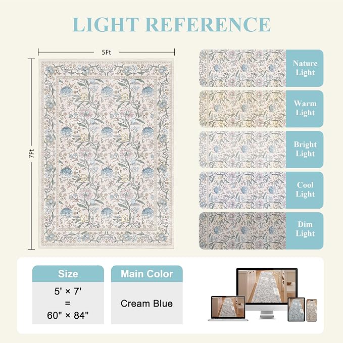 DUKINO 5x7 Area Rug, Vintage Floral Washable Rug for Living Room Cream Blue | Non Slip, Low Pile, Non-Shedding, Stain Resistant Lightweight Boho Soft Carpet for Bedroom Home Office Dining Room Farmhouse