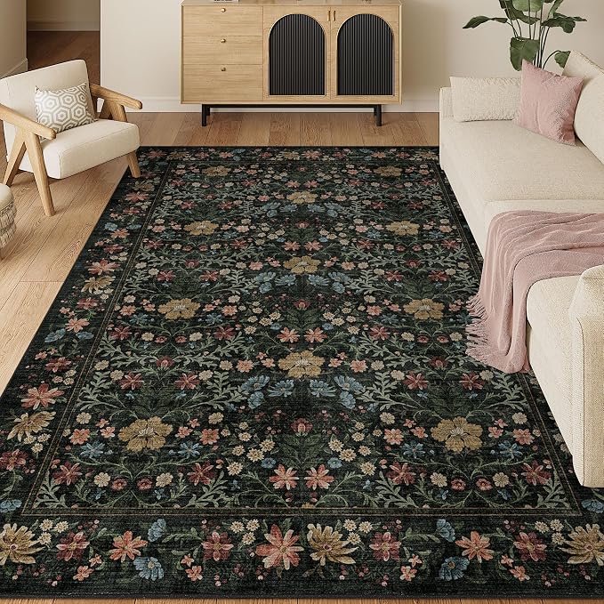 DUKINO 6x9 Area Rug, Vintage Floral Washable Rugs for Living Room, Black | Non Slip, Low Pile, Non-Shedding, Soft Indoor Large Carpet for Bedroom, Office, Dining Room, Farmhouse, Nursery, Home Decor