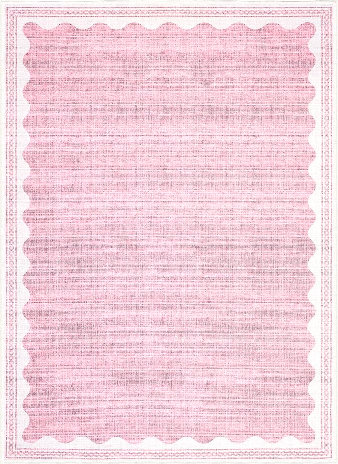 GarveeHome Scalloped 3x5 Washable Rug Non-Slip Low-Pile Indoor Rugs for Entryway Solid Pink Modern Minimalism Carpet for Bedroom Living Room Kitchen Bathroom Indoor Mat
