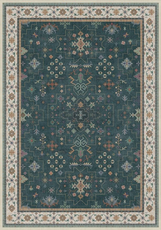 Hazo Haus Dark Green Vintage 7x10 Washable Rugs for Living Room - Dark Academia Victorian Floral Geometric Bedroom Rug, Ultra Soft Thin Low Pile Non-Slip Large Rugs for Lounge