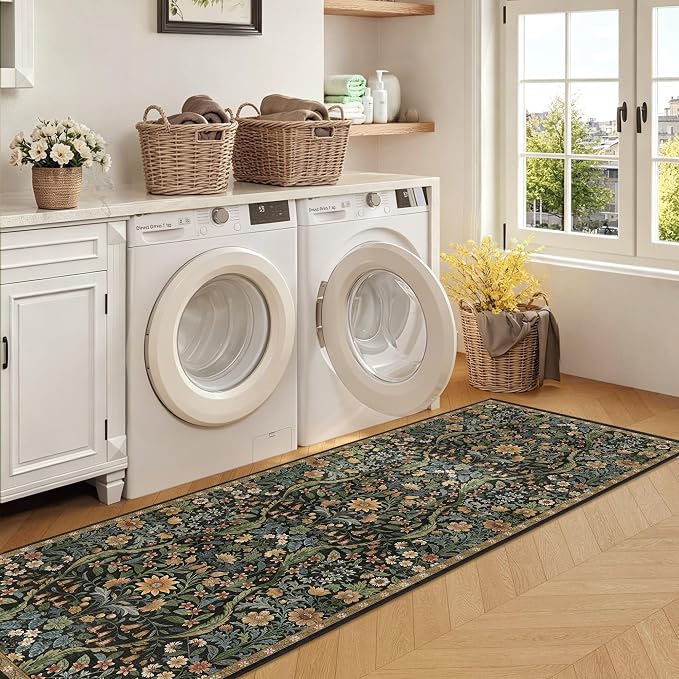 3x7 Washable Runner Rug,Black Brown Floral Boho Area Rug for Hallway,Low-Pile Non-Slip Stain Resistant Carpet for Kitchen, Bedside,Laundry Room,Entryway