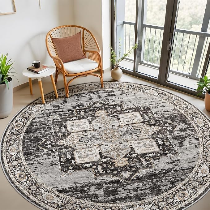 RUUGME Washable 7 Round Rug - Large Rugs for Living Room Low Pile Soft Carpet for Bedroom Kitchen Dining Room Vintage Non Slip Home Decor Floor Mat 7round Black