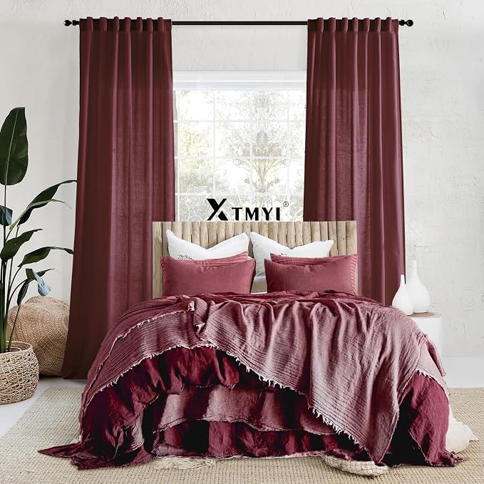 XTMYI Maroon Wine Red Curtains 96 Inches Long for Living Room 2 Panels Set, Linen Hooks Track Country Farmhouse Curtains for Dining Room Bedroom