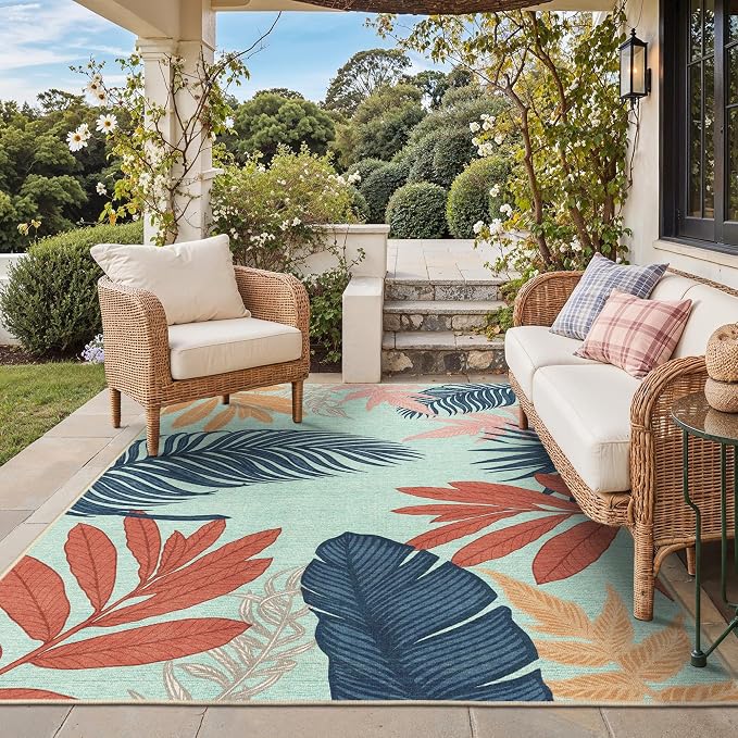 GENIMO 8x10 Outdoor Rug, Washable Quick Dry for Patio, Navy Sage | Botanical leaf design for backyard; fade resistant chenille with quick-dry non-slip backing for indoor living rooms.