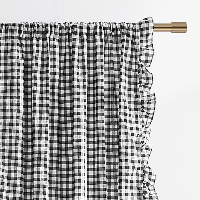 ZJDECOR 95 Inches Black White Buffalo Plaid Farmhouse Ruffle Curtains | Woven Crinkled Not-See-Through Sheer Drapes,Shabby Chic Window Treatment for Bedroom Living Room,Rod Pocket,40"Wx95"Lx2