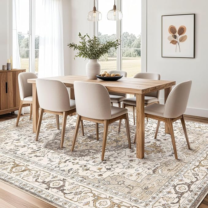 Area Rug for Living Room - 9x12 Soft Washable Oriental Vintage Floral Distressed Large Carpet - Fade Stain Resistant Non Slip Rugs for Bedroom Dining Room Nursery Dorm Office Home Decor-Camel/Beige